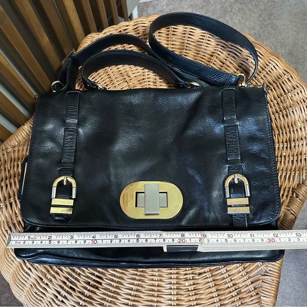 Badgley Mischka Black Leather Satchel Two—Toned Hardware Turnlock Crossbody - Picture 2 of 12